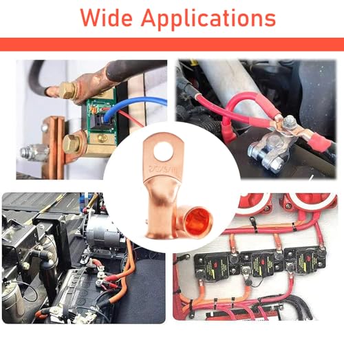 12Pcs 2/0 AWG 3/8"(M10) Stud Heavy Duty Copper Wire Lugs with 12Pcs Heat Shrink Tubing 2/0 Gauge Battery Cable Ends Ring Terminals Bare Copper Eyelets Tubular Ring Terminal for Car Boat Marine by JOYPXF - Used condition - Image 5