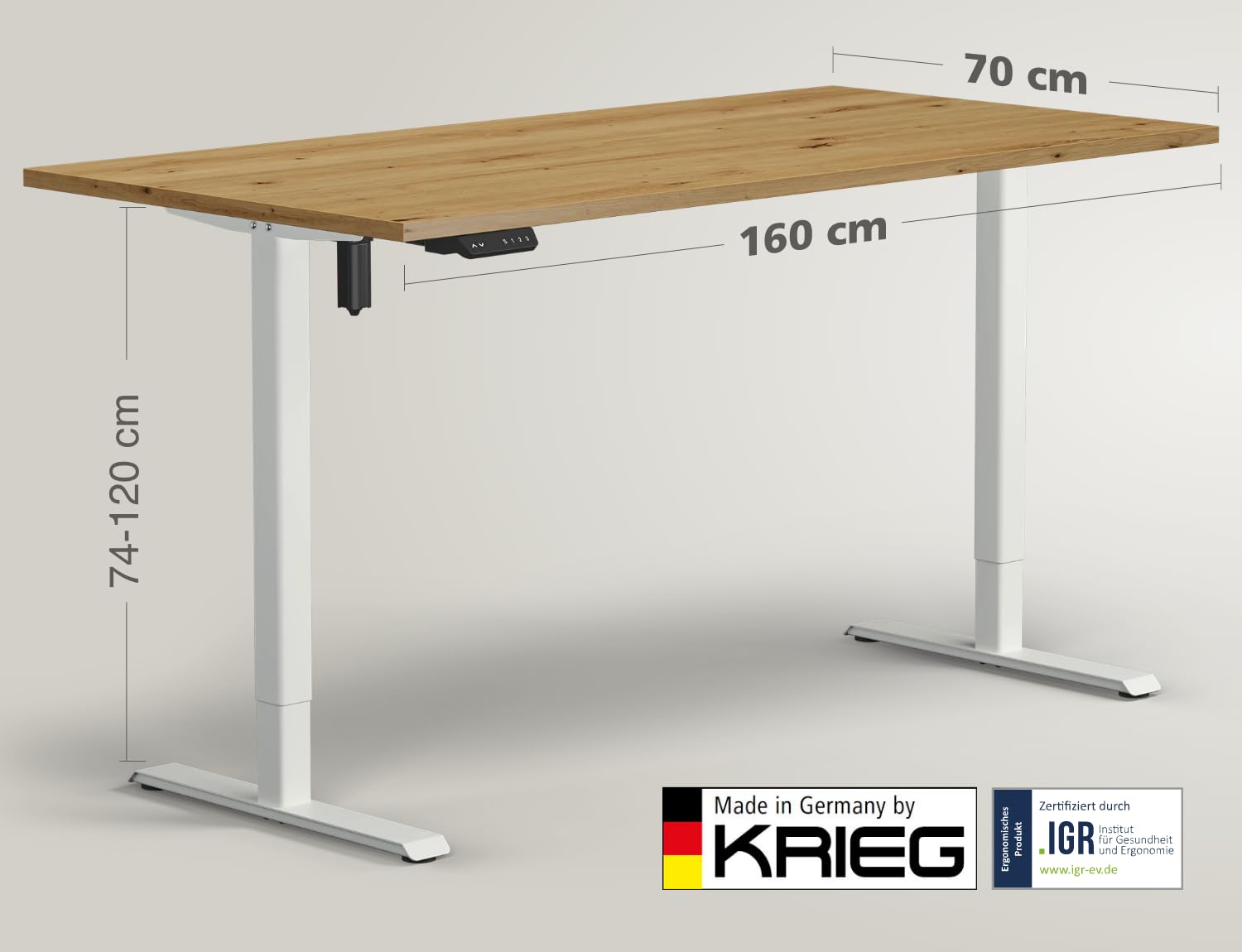 KRIEG HighDesk SMART Home Elektrisch Höhenverstellbarer Schreibtisch 160 x 70 cm I Weiß + Eiche – Ergonomischer Steh-Sitz-Tisch mit Memory-Funktion & USB-A/C Charging – Leiser Motor, Kollisionsschutz