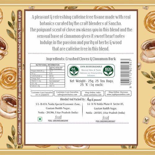 Image of SAN-CHA Sancha Tea Boutique Cinnamon & Clove Herbal Tea | Caffeine Free | (Pack Of 15) | 100% Biodegradable Tea Bags | Pyramid Tea Bags | Digestive Tea With Crushed Cardamom Bark, 200 Grams