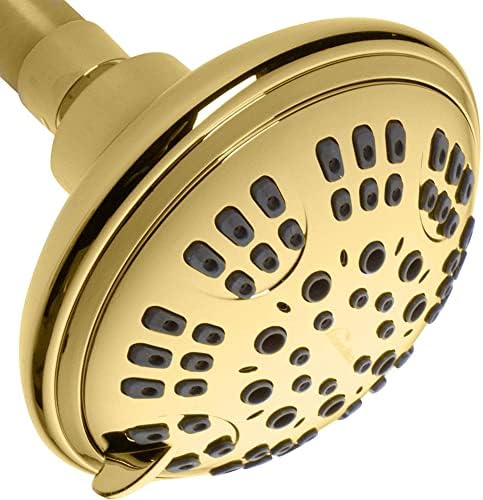 ShowerMaxx Luxury Spa Series Shower Head, 6 Spray Setting, 4.5 Inch Adjustable High Pressure Shower Head Fixture for Hard Water, 360-Degree Tilt Massage Shower System - Polished Brass Gold Shower Head