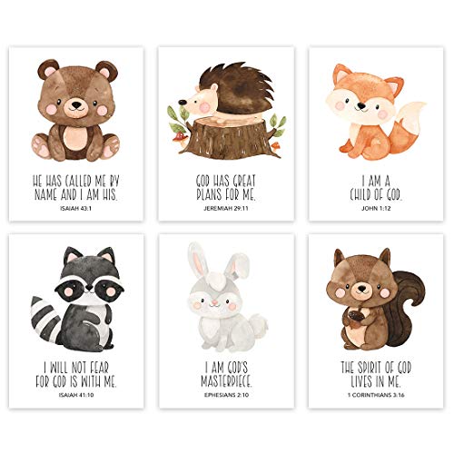 Andaz Press Christian Bible Verses Quotes Nursery Kids Bedroom Unframed Hanging Wall Art Poster Decor, 8.5x11-inch, Cute Woodland Forest Animals Theme, I Am a Child of God, 6-Pack, No Frames