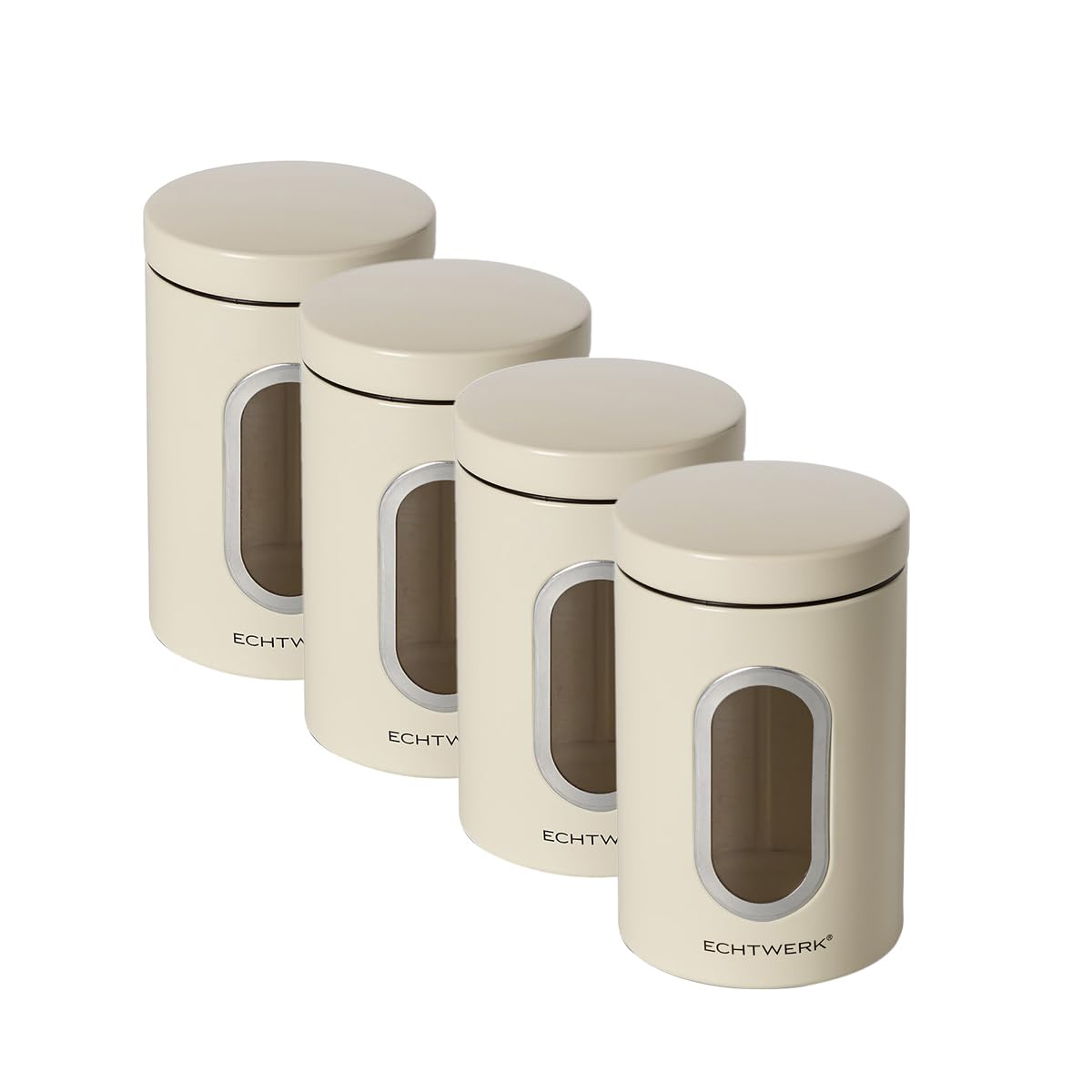 ECHTWERK Stylish Storage Jars, Set of 4, Cream, Storage Containers, Storage Box, for Storing Flour, Sugar, Cereal, Tea, Metal Tin with Airtight Lid and Large Viewing Window