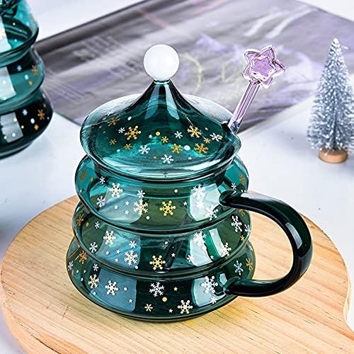URMAGIC Christmas Tree Shaped Coffee Mugs, 400/500ml Tea Glass Cups with Lid,Handle and Star Spoon,Blue Christmas Tree Cup,Cute Couple Cup,Funny Mugs,Romantic Birthday Gifts