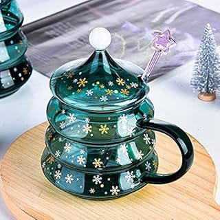 URMAGIC Christmas Tree Shaped Coffee Mugs, 400/500ml Tea Glass Cups with Lid,Handle and Star Spoon,Blue Christmas Tree Cup,Cute Couple Cup,Funny Mugs,Romantic Birthday Gifts