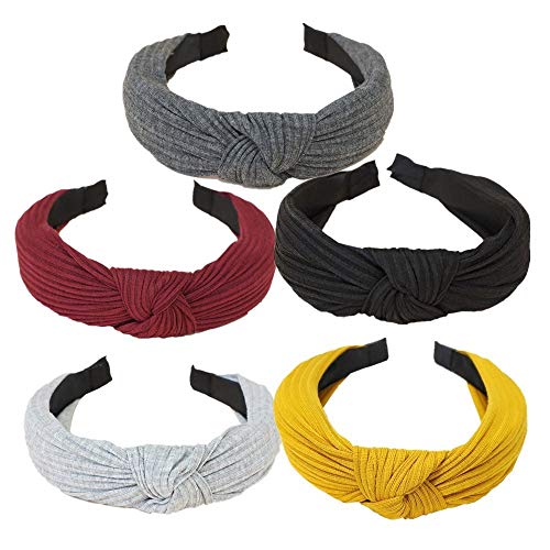 5 Pieces Hair Hoops with Wide Plain Headbands Cross Knot Turban Fashion Elastic Hairband Hair Accessories for Women and Girls