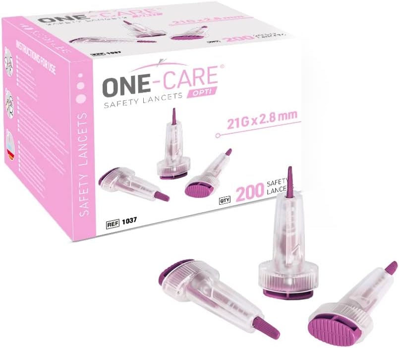 ONE-CARE Opti Safety Lancets, Top Button Activated, 21G x 2.8mm, 200 Count