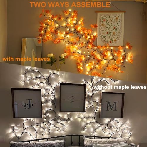 Image of Cherry Blossom Lights with 72 Maple Leaves, Wall Light White Decorative Tree Light for Bedroom & Living Room, Flexible Branch Wall Decor, Decorative Fairy String Lights