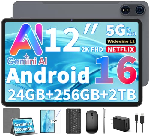 Image of 12 inch Tablet with Keyboard - 2026 Gemini AI Android 16 Tablet,Silver Case