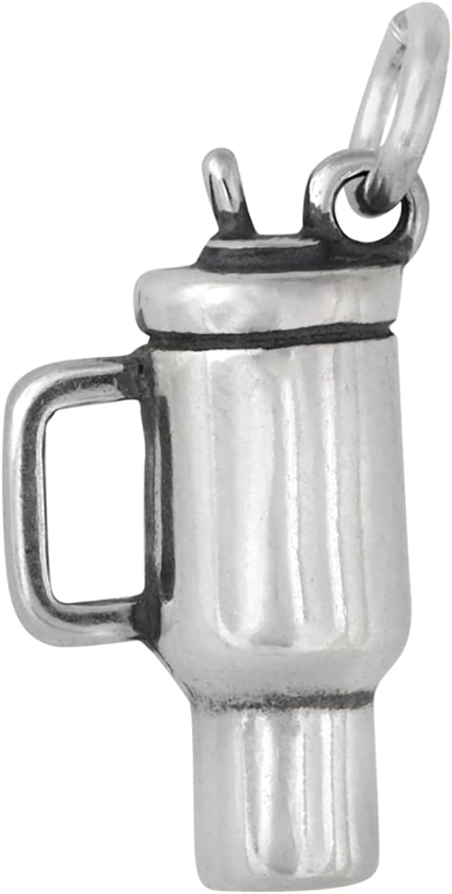 Tumbler Travel Coffee Mug with Straw Drink to Go 3D 925 Solid Sterling Silver Bracelet Charm Pendant Jewelry Making Supply