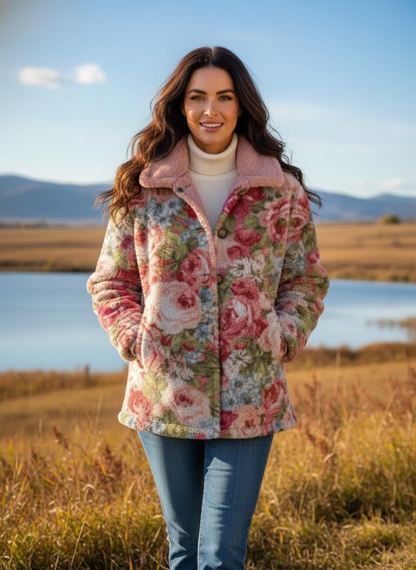 Women's Vintage Floral Fleece Coat Boho Colorful Floral Graphic Print Cozy Warm Lapel Button Down Jacket with Pockets - Image 2