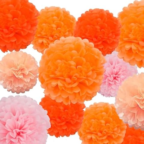 GAKA Pink,Orange Hanging Paper Pom Poms 10 inch and 12 inch,12 Piece,4 Colors Set,for Party Decoration Thanksgiving Party Decorations Tissue Flowers Decorations Cover