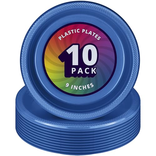 DecorRack 10 Large Plastic Plates, Heavy Duty 9 inch Disposable, Blue