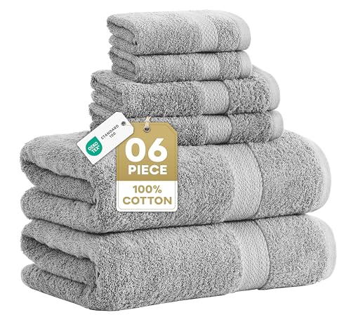 Image of LANE LINEN Grey Bath Towels for Bathroom Set - 100% Cotton 6 Pc Towels Set, Absorbent Bathroom Towel Set, 2 Bath Towels, 2 Hand Towels, 2 Wash Cloths for Your Body and face - Grey Bath Towels Set
