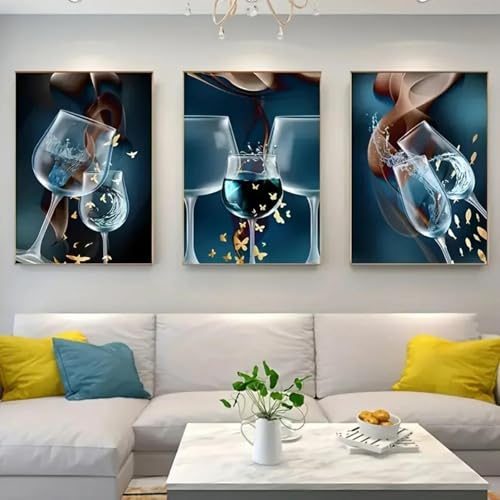 Peinture murale en verre de vin bleu format 60x110cm triptyque sans cadre