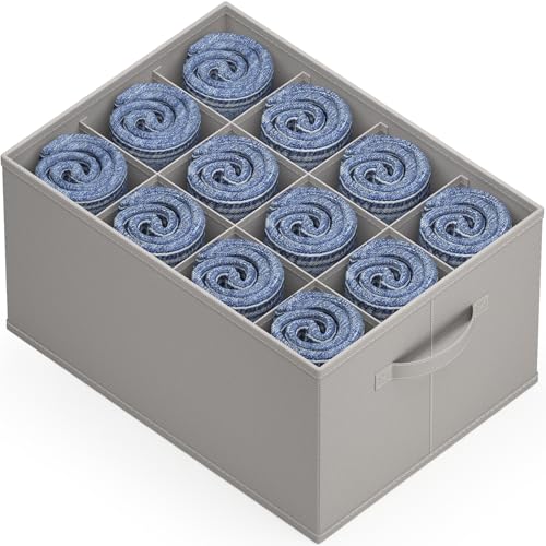 Yempum 1 Packs Jeans Organizer for Closet, 12 Cell Drawer Organizer Towel, Pants, T-Shirt, Sweater, Dress Stackable for Wardrobe Large Clothes Organizer and Storage Bin, Shelf Dividers, Gray