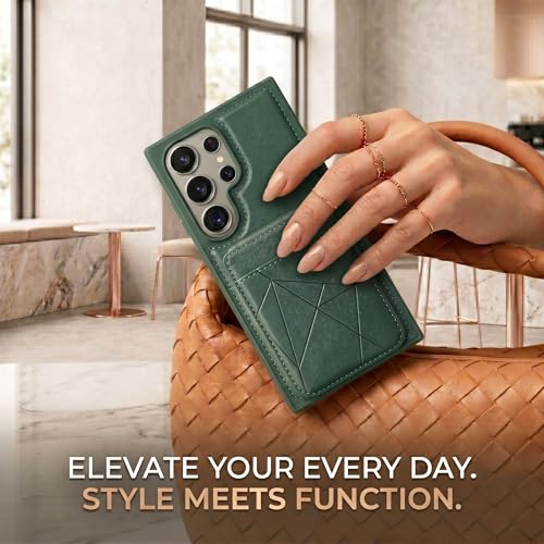 Image of amazon basics Premium Vegan Leather Back Cover with Card Holder and Integrated Mobile Stand for Samsung Galaxy S24 Ultra 5G - Slim Shockproof Wallet Case with Geometric Stitching [Green]