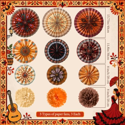 Image of Outus 21 Pcs Native American Heritage Month Decorations Hanging Paper Fans Paper Tissue Pom Poms Classroom Decorations Fans for Southwestern Tribal Ceiling Hanging Decor School Party Supplies