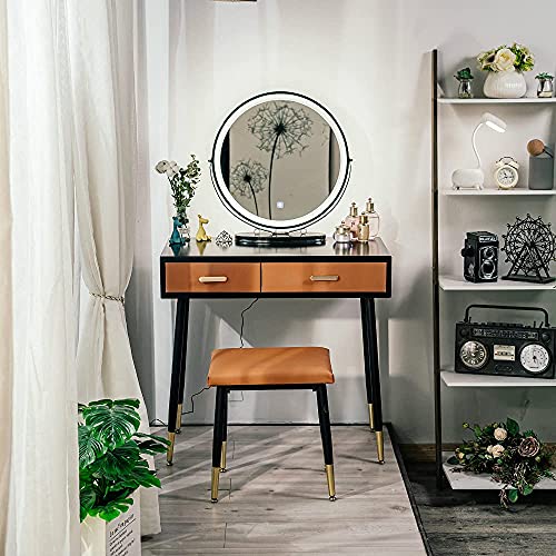 YOURLITE Makeup Vanity Table Set with 3 Modes Adjustable Lighted Mirror Cushioned Stool,Orange PU Leather Dressing Table - Thumbnail 6