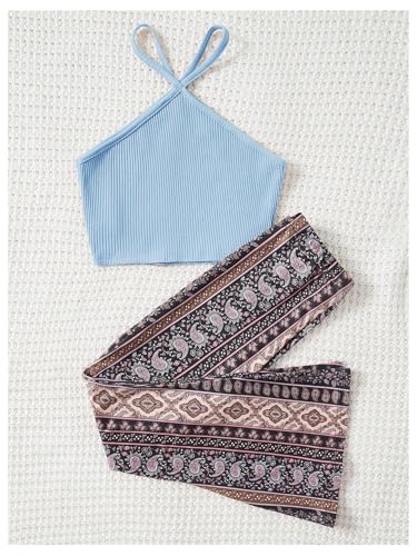 Image of Floerns Girl's 2 Piece Outfit Halter Crop Top and Paisley Bell Bottom Pants Set