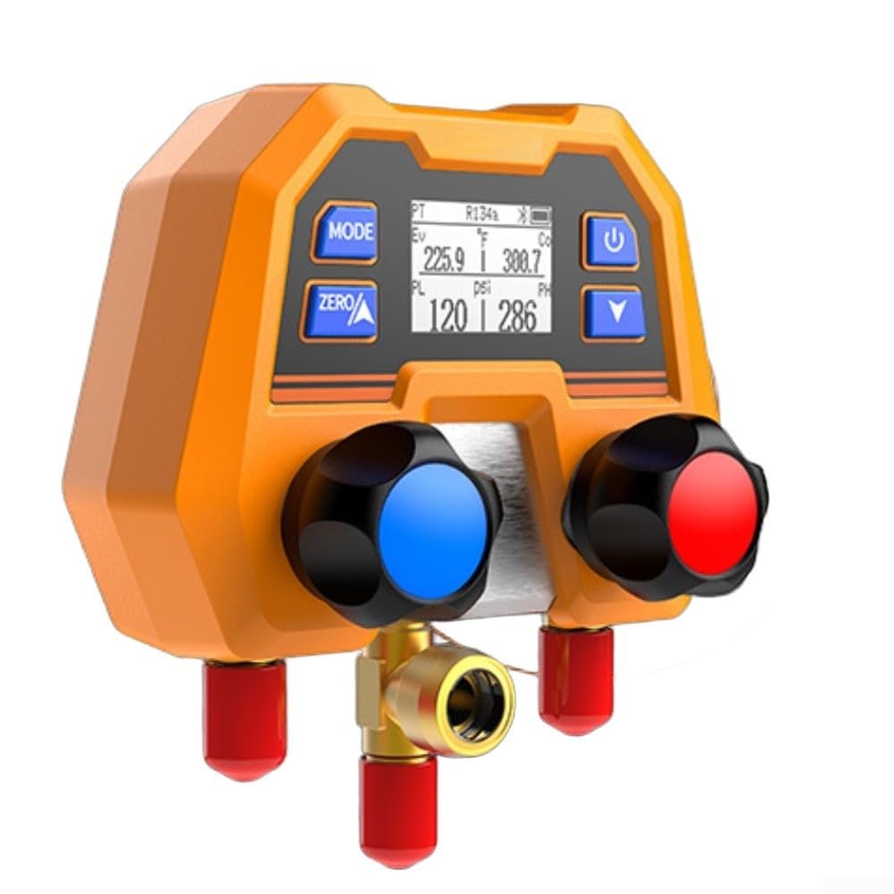 Medidor digital de fluoruro HVAC herramienta para reparación de CA, lector preciso de temperatura de presión, cuerpo de metal de doble válvula, color naranja, 110 x 75 x 135 mm