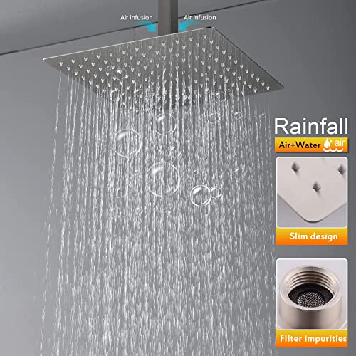 Thermostatic Brass Shower Faucet Set Complete Brushed Nickel Shower Jets System 16 Inch Ceiling Mount Rain Shower Mixer Combo With On/Off Body Jets And 3 Way Shower Valve Use All At The Same Time #TOP3