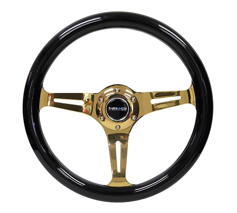 Volante esportivo de madeira preta NRG Innovations NRG-ST-015CG-BK, 350 mm, profundidade de 25 mm, 3 raios dourados