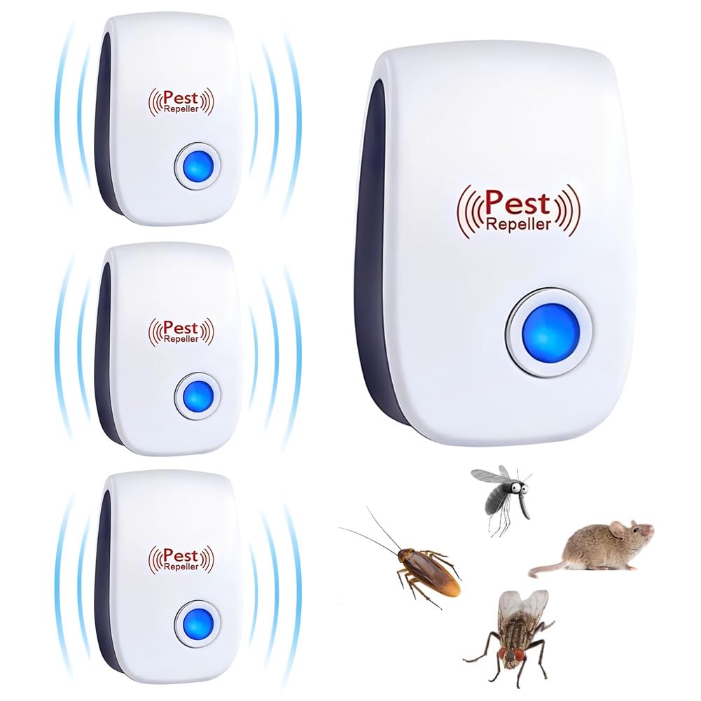 Antizanzare Ultrasuoni,4 Pack Antizanzare Ultrasuoni,Repellente Ultrasuoni Anti Zanzare, Repellente Ultrasuoni per Anti Topi, Scarafaggi, Zanzare,Formiche, Ragni, Roditori