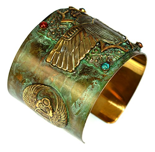Elaine Coyne Collectible Artwear - Carnelian, Turquoise, Scarab, Navy Onyx Bracelet for Women, Handmade Egyptian Motif Wide Cuff Bracelet, Patina Solid Brass Wrist Carnelian Bracelet, 2-Inch Wide Cuff2
