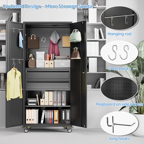 Image of Aobabo Metal Garage Cabinet on Wheels, 71 inch Lockable Cabinet with 2 Drawers