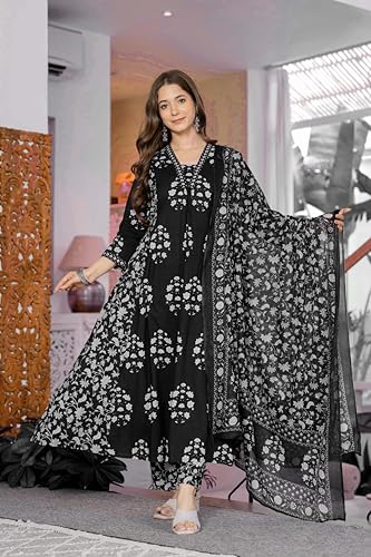 Image of PARTHVI Women's Pure Cotton Block Printed Ethnic Wear Kurta & Palazzo Pants & Dupatta Set