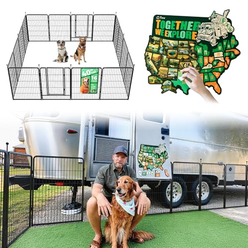 Image of FXW Instant Dog Playpen with RV State Travel Map for Camping Outdoor Yard | Quick-Setup Play Yard, 16 Panels + 50 USA State Decals, 40inch for Medium and Large Dogs | Patented