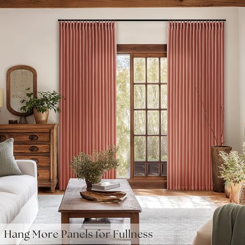 Image of Rust Pinch Pleated Semi Sheer Linen Curtains 96 Inch Long Rustic Drapes | Terracotta, Light Filtering Privacy, Bedroom Living Room, Faux Linen Textured, Hook Rings Memory Shape, Farmhouse Cottage