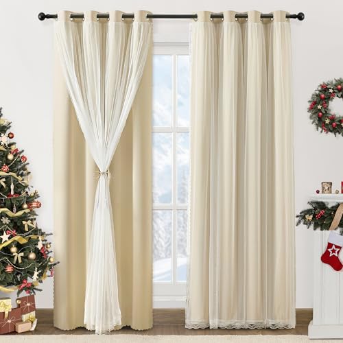 Image of XiDi Beige Double Layer Curtains with Sheer Overlay for Girls Bedroom Living Room 2 Panels Beige Blackout Curtains 96 Inches Long for Kid Nursery Room Decor Thermal Insulated Grommet Drapes W34 x L96
