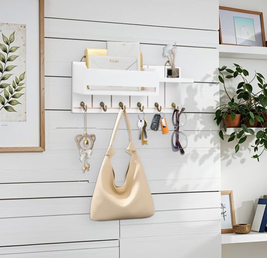Fayavoo Portachiavi da parete per decorazione da parete, con 5 ganci per chiavi, organizer per posta in legno con ripiano, decorazione rustica per la casa per ingresso, fango, corridoio, ufficio