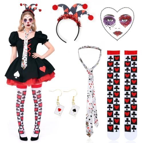 Disfraz de Reina de Corazones para Mujer con Corbata de Cartas de Póker,Diadema del Joker,Pendientes,Medias y Cara de Diamantes de Imitación,Accesorio de Juego de Cartas para Carnaval y Halloween