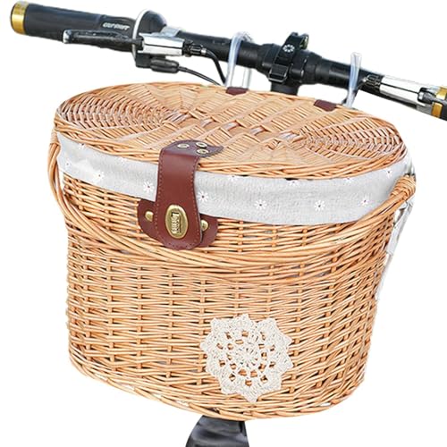 Bikes Basket Front,Natural Woven Baskets - Leather Straps Front Basket with Liner, Beach Cruiser Basket with Cover for Small Bicycles