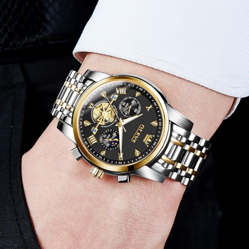 Image of OLEVS Watch for Men Stainless Steel Chronograph Big Face Easy to Read Analog Quartz Watches Luxury Waterproof Date Diamond Roman Arabic Numerals Dial Dress Wrist Watches, 2856:Two Tone&Gold Black,