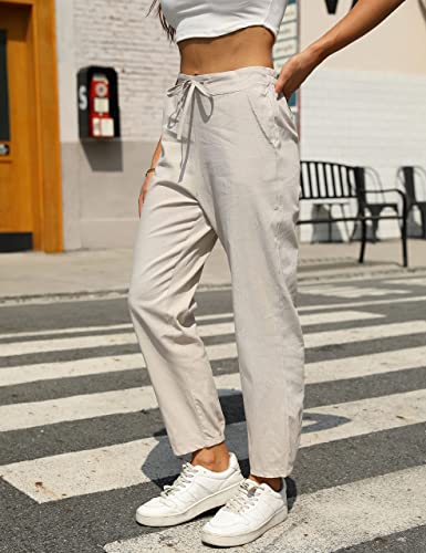 Tanming Linen Pants for Women Summer Casual High Waisted Drawstring White Beach Pant2
