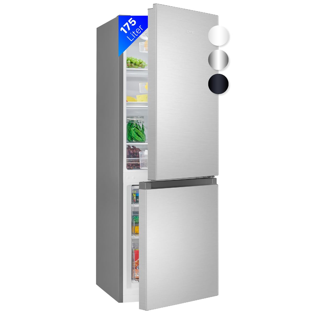 Bomann® Kühlschrank mit Gefrierfach | Energieklasse D | 143cm | Kühl Gefrierkombination leise 39 dB | 3 Ablagen & 3 Schubladen | Türanschlag wechselbar | 175L Kühlgefrierkombi | KG 322.1 inox