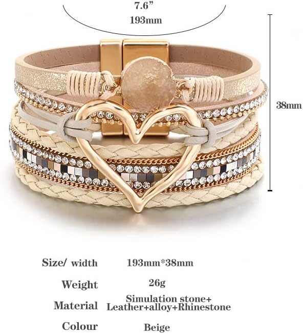 Leather Wrap Bracelet for Women Beaded Cuff Bracelet with Heart-shape Decor Bohemian Crystal Bracelet Jewelry with Clasp Bangle Bracelet for Women Girls Birthday Holiday Gift - Image 2