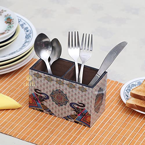 Image of DULI Engineered Wood Multipurpose Stand, Cutlery Holder, Spoon Stand, Table Organizer With 2 Sections, Chammach Stand (10Cm X 15Cm, 2Elephants, Utensils, (Multicolor))