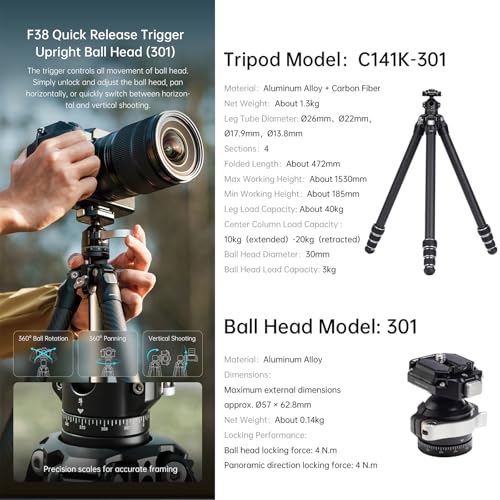 Image of FALCAM TreeRoot F38 Quick Lock Lite Carbon Fiber Travel Tripod with Ball Head Load Capacity 3kg /6.6lbs, Max Vertical Payload 40Kg /88lbs for Cameras, All-Terrain Stability (C141K-301)
