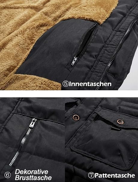 FTCayanz Herren Warme Winterjacke Parka Lang Wintermantel Mit Kunstfell Kapuze Outdoor Gefütterte Steppjacke Jacke Schwarz XL