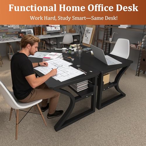 Image of 55 inch Computer Desk, Home Office Desk with Storage Shelf, Sturdy U-Shaped Metal Frame Study Table with Cable Management, Gaming Desk for Office & Bedroom (Black, 55inch)