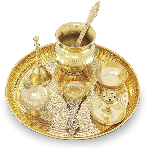 Image of BENGALEN Brass Pooja Thali Set 8 Inch Puja Thali with Pital Plate Kalash Palli Chandan Wati Agarbatti Stand Kappur Arti Diya for Diwali Home Office Mandir Wedding Return Gift Items