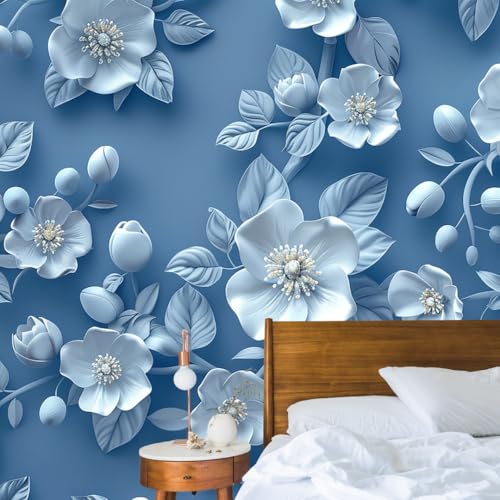 3D Blue Floral Wall Mural Wallpaper for Kids Room & Bedroom | Self Adhesive Waterproof Vinyl Peel and Stick Wall Decor | Large Flower Design for Living Room & Home Decoration - 96x16 Inches - Image 4