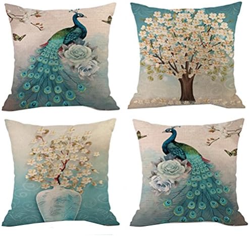 NAVIBULE Pack of 4 Color Peacock Beautiful Flower and Tree Pattern Decorative Throw Pillow Cases Cushion Covers for Couch Sofa Car Square 18 x 18Inch