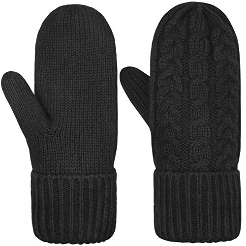 Women’s Mittens Winter Thick Gloves Warm Lining Cozy Cable Knit Glove (Black)