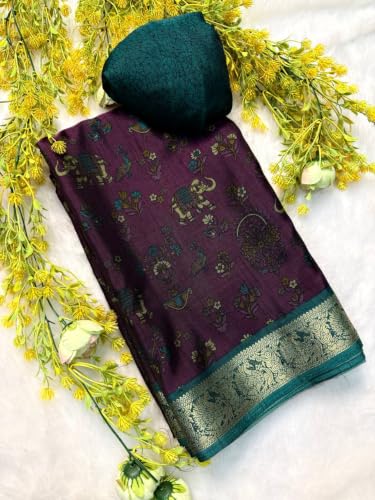 Image of Kalamkari Floral Prints Dola Silk Saree With Rich Zari Border Designer Pallu Attach Blouse Piece