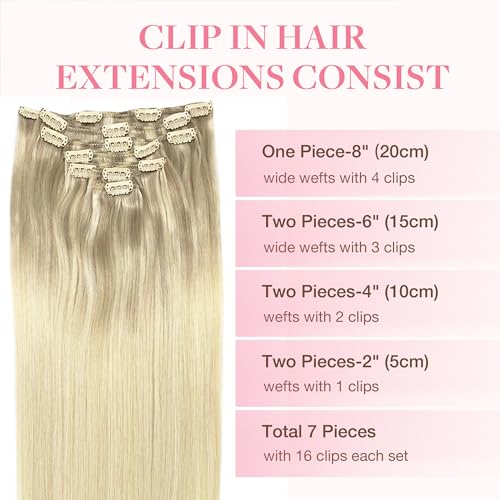GOO GOO Clip in Hair Extensions Real Human Hair, Remy Human Hair Extensions Clip ins for Women, Natural Human Hair, 20inch 120g 7Pcs, 17/22/60 Balayage Ash Blonde to Golden Blonde and Platinum Blonde - Thumbnail 5